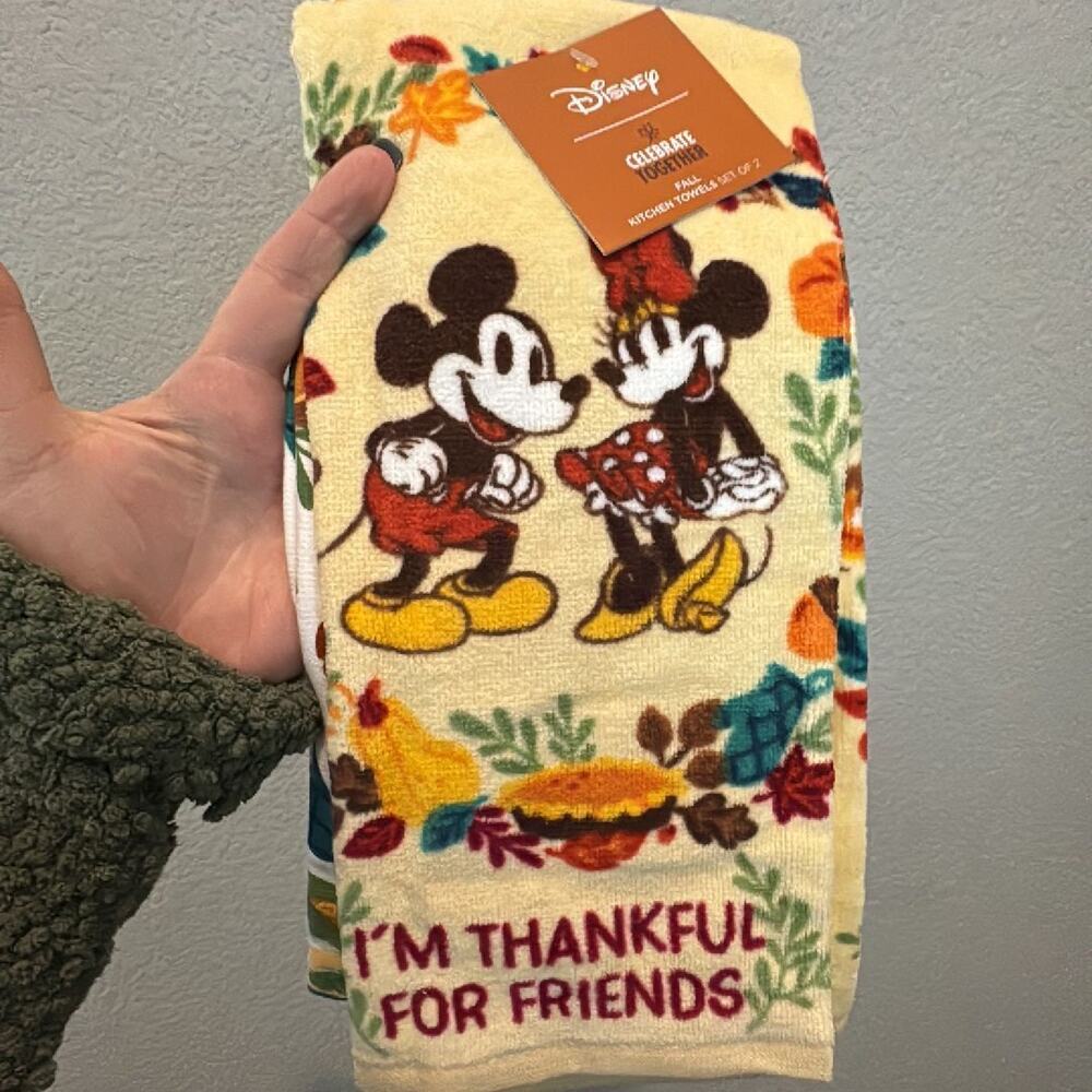 Disney Mickey & Minnie Mouse Thankful For Friends 2 pack Kitchen Towel Set *NEW*
